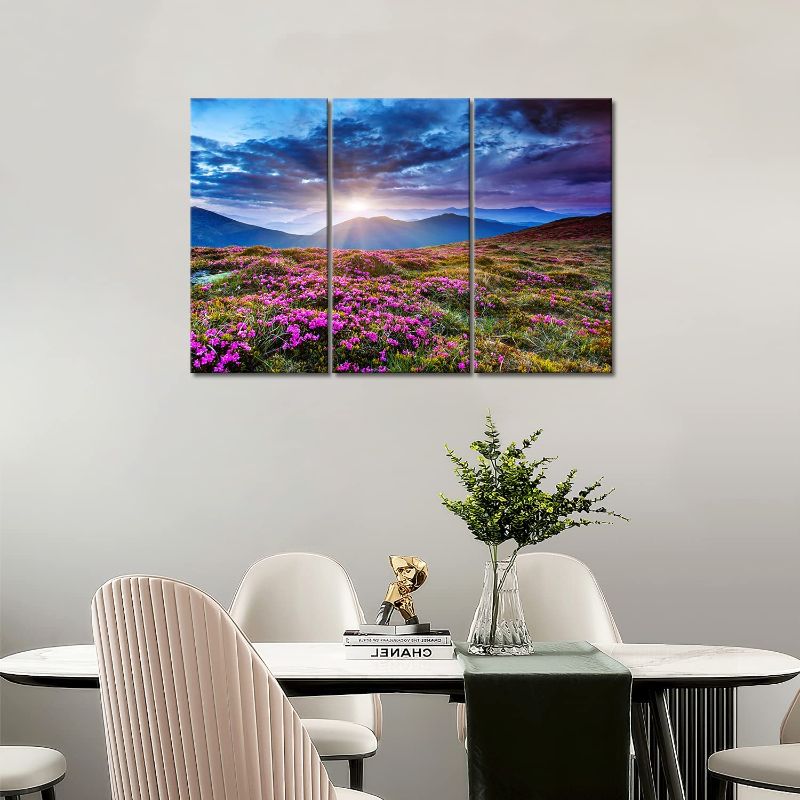 Photo 1 of 3 Panel Wall Art Blue Sunset Mountains Landscape Overcast Sky Storm Purple Flowers Carpathian Ukraine Painting The Flower Picture Print On Canvas Pictures for Home Decor Stretched by Wooden Frame-32 x 16 x 0.04 inches

