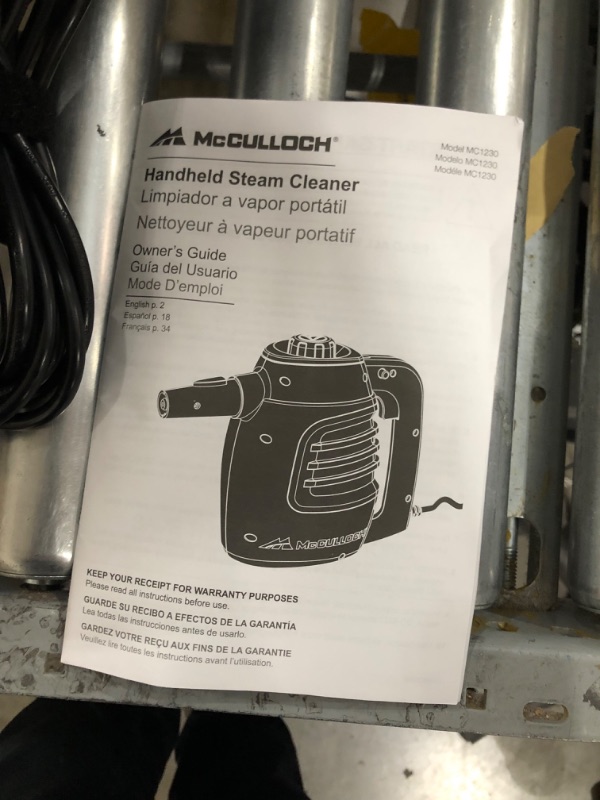 Photo 3 of **OPENED**
McCulloch MC1230 Handheld Steam Cleaner with Extension Hose, 11-Piece Accessory Set, Chemical-Free Cleaning, Black
