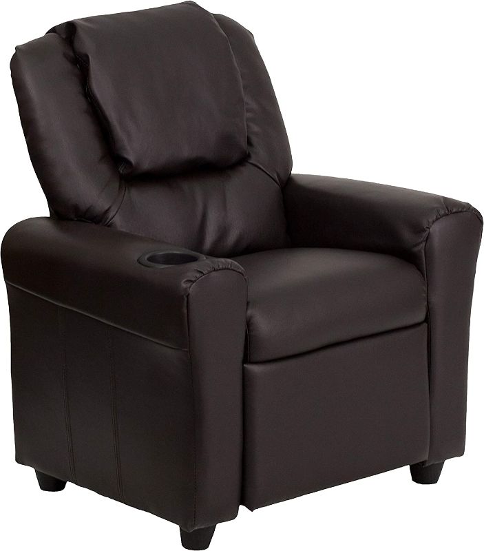 Photo 1 of **MINOR MARK ON LEATHER, VIEW PHOTOS**
Flash Furniture Contemporary Vinyl Kids Recliner W/Cup Holder and Headrest. Brown

