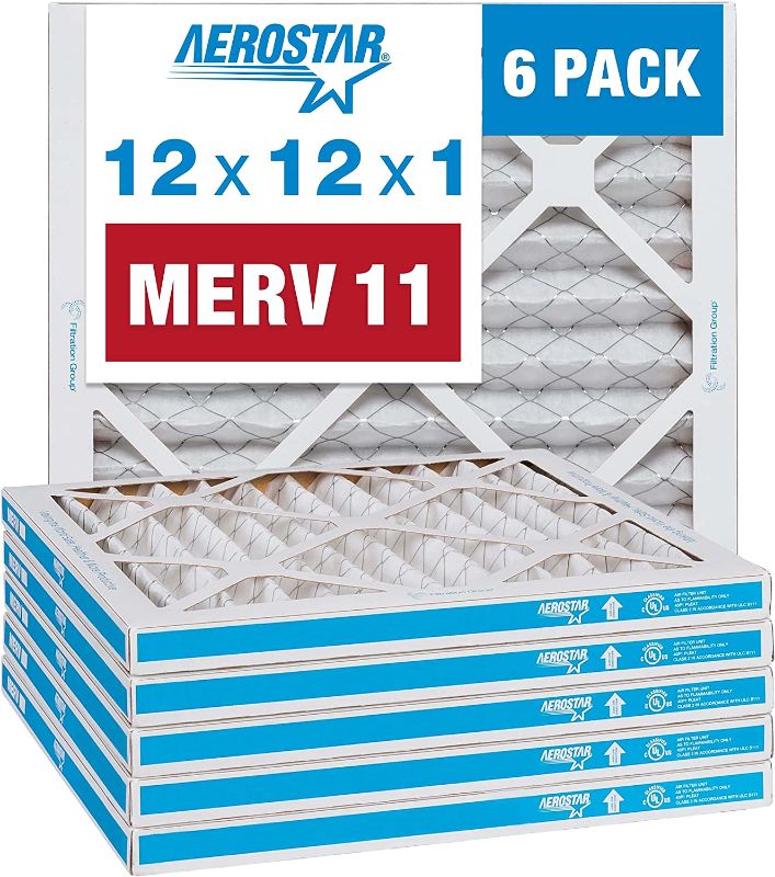 Photo 1 of Aerostar 12x12x1 MERV 11 Pleated Air Filter, AC Furnace Air Filter, 6 Pack (Actual Size: 11 3/4"x11 3/4"x3/4")
