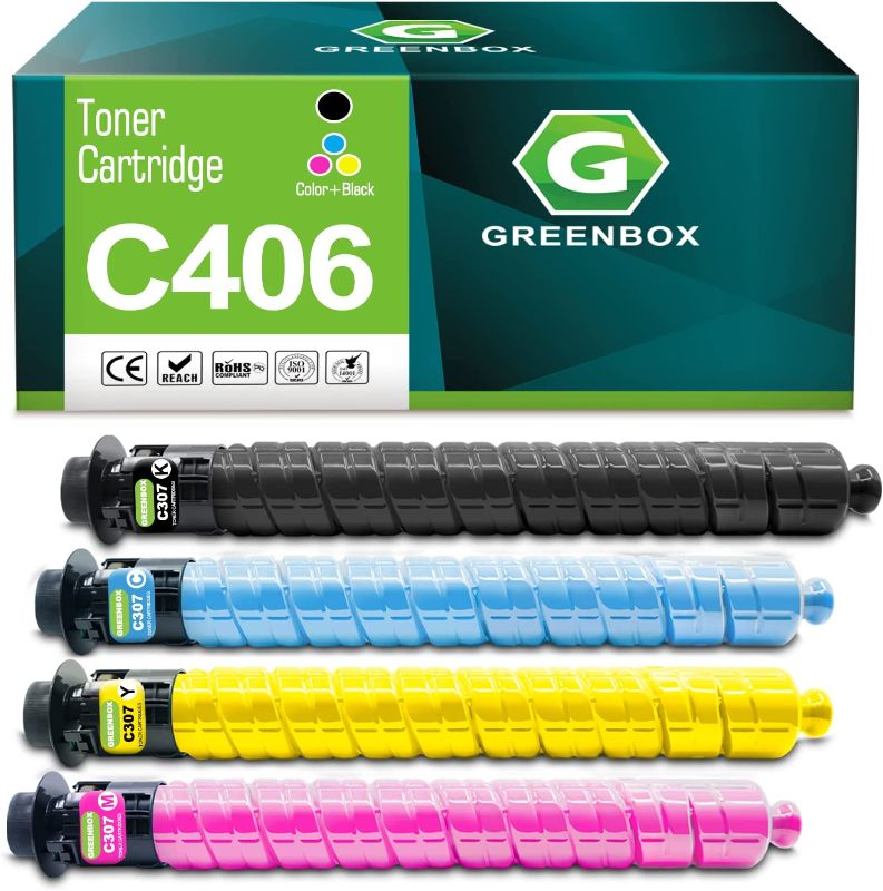 Photo 1 of GREENBOX Remanufactured MP C406 Toner Cartridge Replacement for Ricoh MP C307 MP C306 MP C406 MP C407 842091 842092 842093 842094 (17,000 Pages High Yield, 1 Black 1 Cyan 1 Magenta 1 Yellow 4-Pack)
