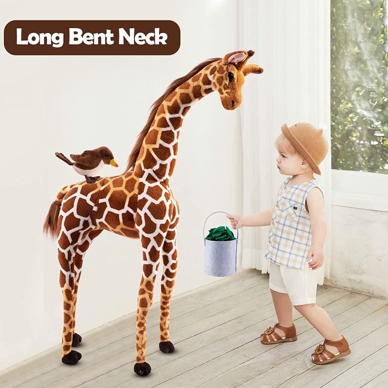 Photo 1 of BRINJOY Giant Giraffe Stuffed Animal Set, 47 Inch Large Plush Giraffe Toy with Bird&Basket&Leaves&Card, Big Lifelike Standing Giraffe for Girls Boys
