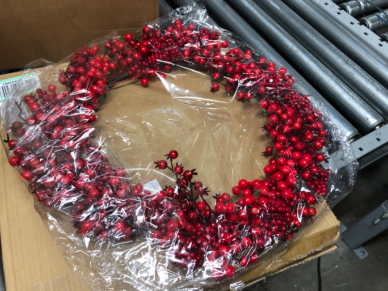 Photo 2 of TURNMEON 24 Inch Christmas Red Berry Wreath for Front Door Decoration, 3 Different Artificial Twig Berries Xmas Wreath for Christmas Decoration Home Indoor Outdoor Wall Window Farmhouse Holiday Winter