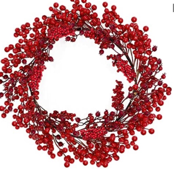 Photo 1 of TURNMEON 24 Inch Christmas Red Berry Wreath for Front Door Decoration, 3 Different Artificial Twig Berries Xmas Wreath for Christmas Decoration Home Indoor Outdoor Wall Window Farmhouse Holiday Winter