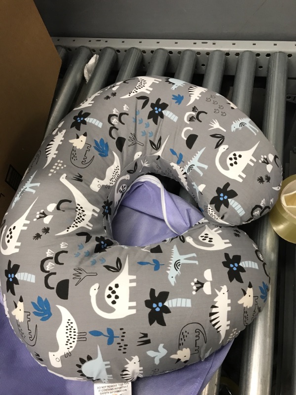 Photo 2 of Boppy Nursing Pillow and Positioner—Original | Gray Dinosaurs with White, Black and Blue | Breastfeeding, Bottle Feeding, Baby Support | With Removable Cotton Blend Cover | Awake-Time Support
