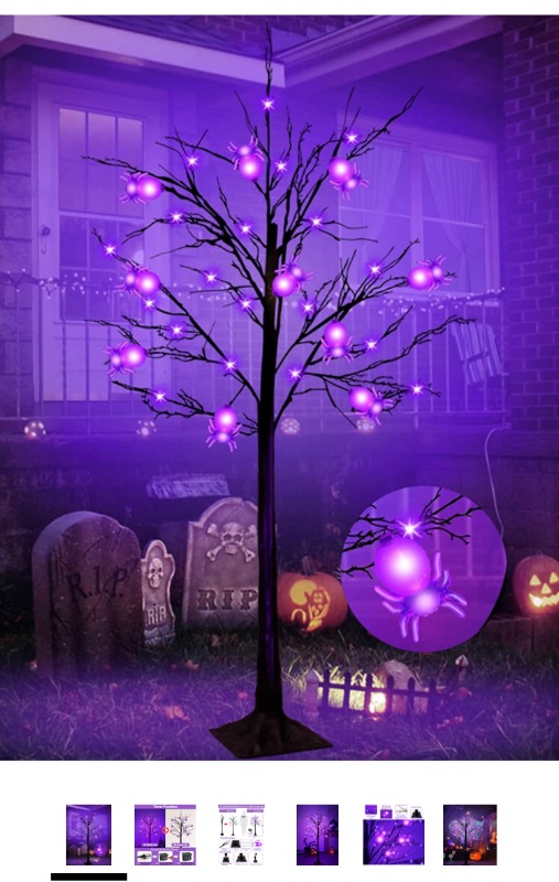 Photo 1 of TURNMEON 5 Ft Halloween Tree Decoration, Black Spooky Tree with Timer 64 LED Purple Lights and 16 DIY 3D Spiders Lights Ornament Artificial Tree Halloween Decor Home Indoor Outdoor(Plug in/4 Stakes)