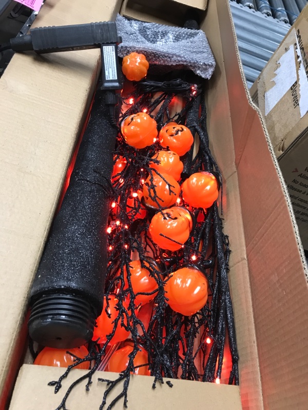 Photo 2 of 24 Inch Halloween Tabletop Tree Decor Glittered with 24 LED Orange Lights Timer Battery Operated Jack-O-Lantern Pumpkins Ornaments Black Spooky Tree Halloween Decorations Indoor Home Holiday
