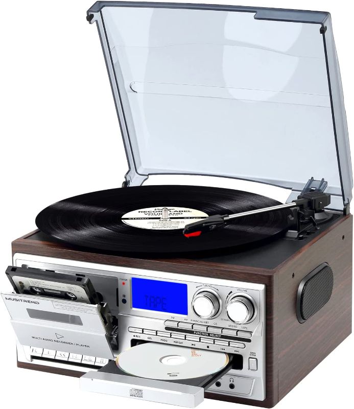 Photo 1 of *nonfunctional* MUSITREND Record Player 9 in 1 3 Speed Bluetooth Vintage Turntable CD Cassette Vinyl Player AM/FM Radio USB/SD Encoding Aux-in RCA Line-Out (Silver)
