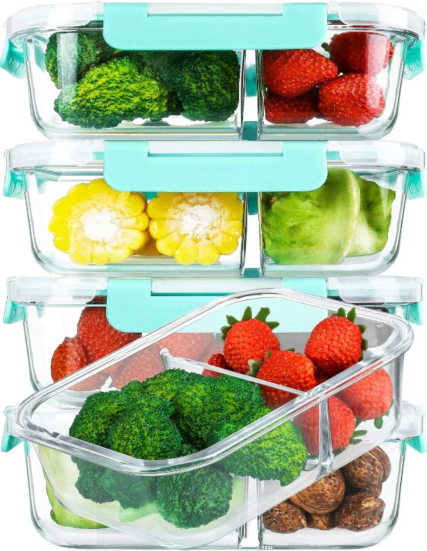 Photo 1 of [5-Pack,36 Oz]Glass Meal Prep Containers 2 Compartments Portion Control with Upgraded Snap Locking Lids Glass Food Storage Containers, Microwave, Oven, Freezer and Dishwasher (4.5 Cups, Green)
