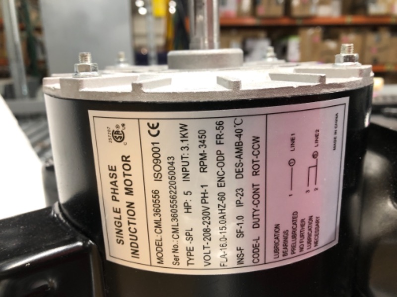 Photo 2 of ****UNABLE TO TEST****
VEVOR Air Compressor Electric Motor, 5 HP SPL 3450 RPM, 208-230 Volt 3.1 KW Single Phase, 56 Frame 5/8" Keyed Shaft 60 Hz, Commercial-Duty CCW Rotation, 1.88" Shaft Length NEMA for Air Compressors
