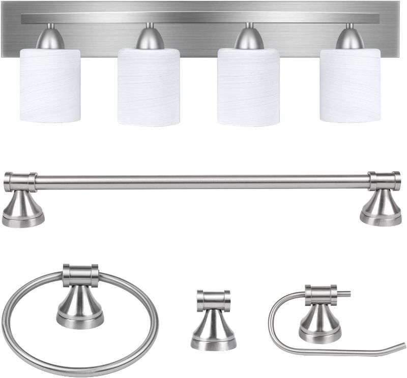 Photo 1 of *** PARTS ONLY***
***UNKNOWN FUNCTION***
4-Light Bathroom Vanity Light Fixture, 5 Piece All-in-One Bath Sets, Bar, Towel Ring, Robe Hook, Toilet Paper Holder, Brushed Nickel with White Frosted Glass Vanity Light
