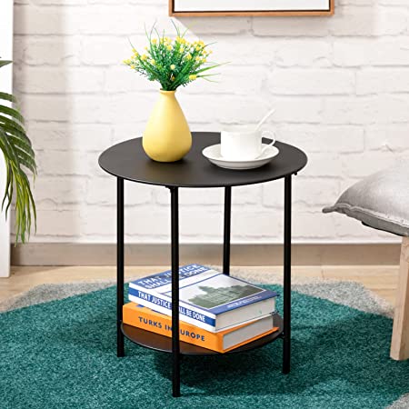 Photo 1 of ALIMORDEN 2-Tier Small Round Metal End Table, Accent Indoor&Outdoor Snack Side Table, Modern Nightstand for Bedroom, Sofa Bedside Table for Living Room, Garden, Patio, (D) 15.2" x(H) 15.9", Black
