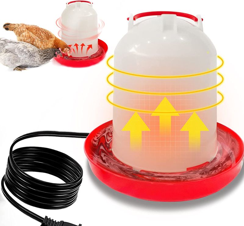 Photo 1 of GIFANK Heated Chicken Waterer Heated Plastic Poultry Fountain 120V 30W Constant Temperature Chicken Heated Waterer for Winter Chicken Coop Accessories 1.2 Gallon/3 Gallon
