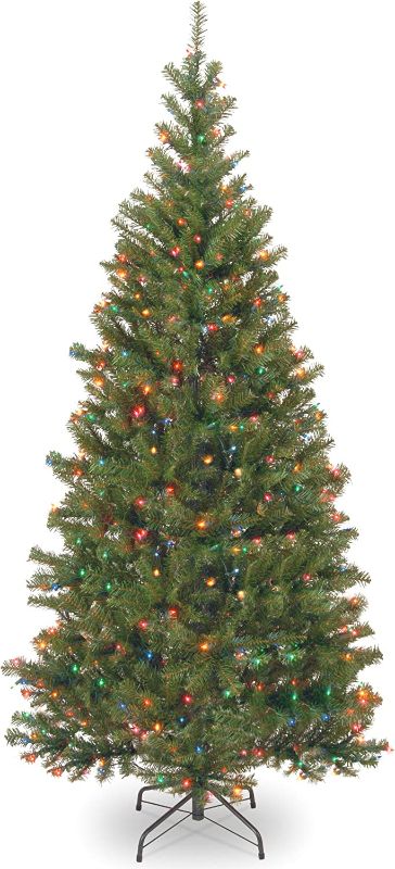 Photo 1 of  Pre-Lit Artificial Slim Christmas Tree, Green, Aspen Spruce, Multicolor Lights, Includes Stand, 6 Feet
