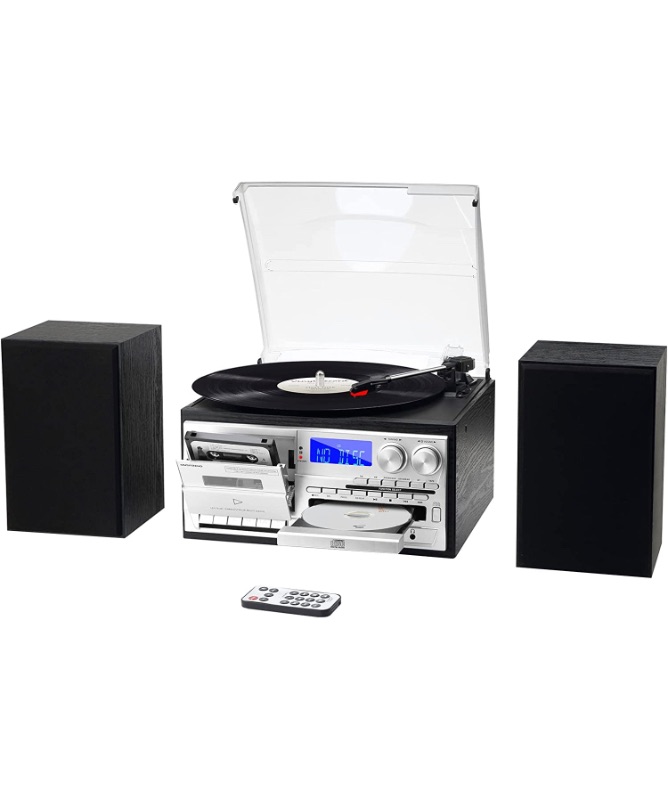Photo 1 of MUSITREND 10 in 1 Record Player with Dual Stereo Speakers Vintage 3 Speed Turntable with Bluetooth AM FM Radio CD Cassette USB SD Play 3.5mm Headphone Aux-in RCA Line-Out (Black)