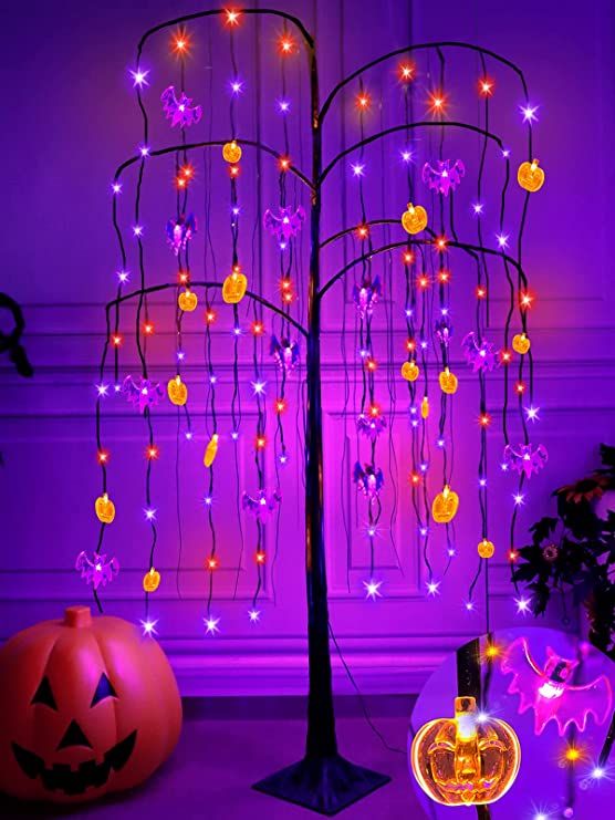 Photo 1 of 5 Feet 108 LED Orange & Purple Lighted Halloween Willow Tree Decoration Timer 24 Bats & Pumpkins Lights Jack-O-Lantern Black Spooky Tree Halloween Decor Home Indoor Outdoor Yard (Plug in / 4 Stakes)
