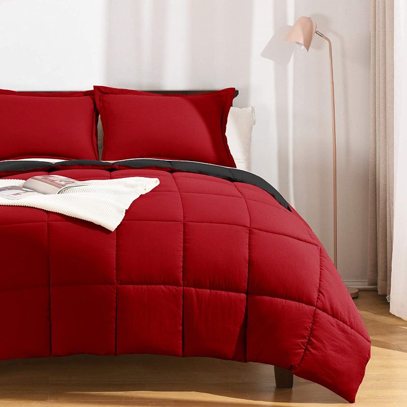 Photo 1 of Basic Beyond King Size Comforter Set - Washed Microfiber Red and Black Reversible Bed Comforter Set King for All Season - 3 Pieces (1 Comforter + 2 Pillow Shams)
