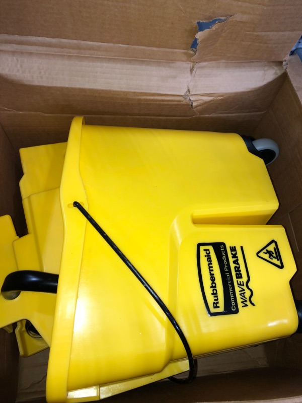 Photo 1 of Rubbermaid Commercial Products, WaveBrake - Commercial Industrial Mop Bucket with Side-Press Wringer Combo on Wheels, 35 Quart, Yellow Yellow Bucket and Wringer