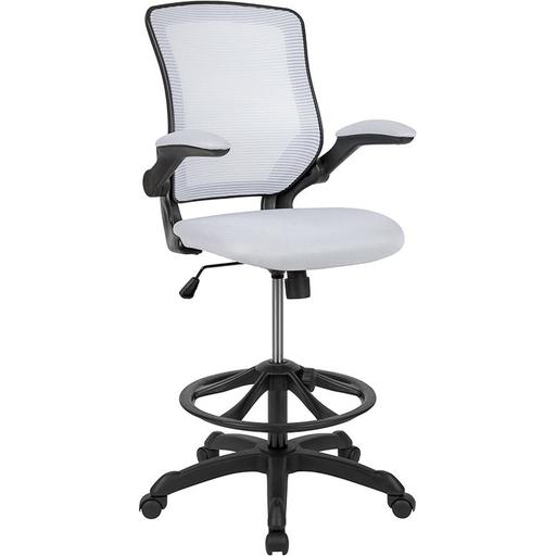 Photo 1 of BL-ZP-8805D-WH-GG Mid Back White Mesh Ergonomic Drafting Chair with Adjustable Foot Ring & Flip up Arms
