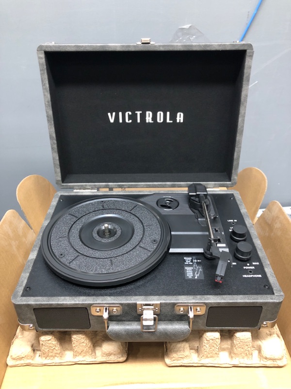 Photo 3 of Victrola Vintage 3-Speed Bluetooth Portable Suitcase Record Player with Built-in Speakers | Upgraded Turntable Audio Sound| Includes Extra Stylus | Gray, 1SFA (VSC-550BT-GRY)