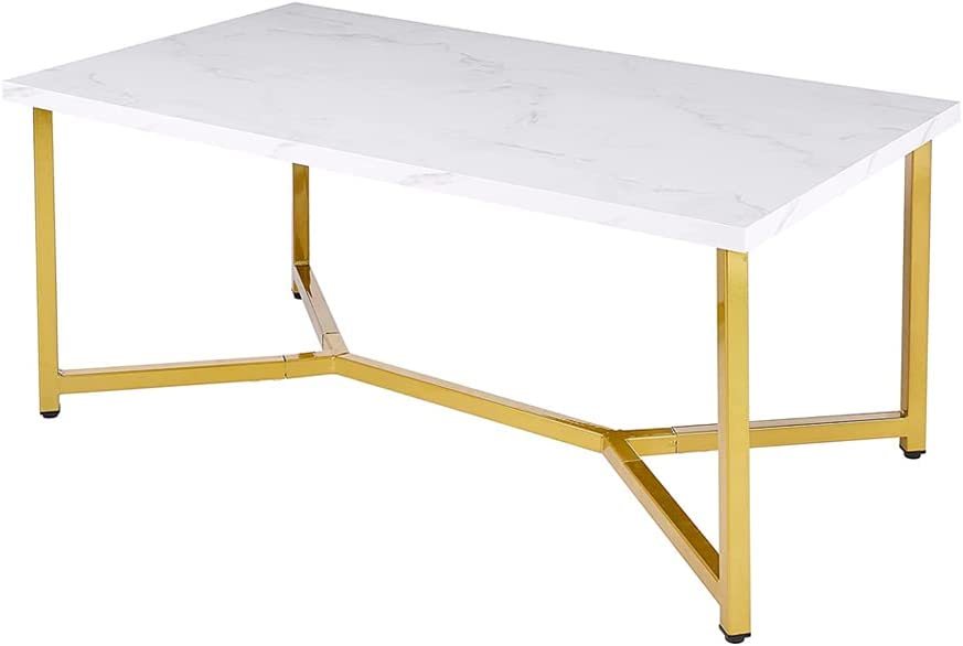 Photo 1 of AZL1 Life Concept Marble Gold Mid Century Modern Rectangle Coffee Table, White
