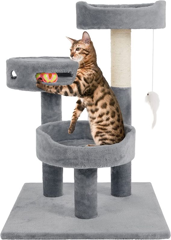 Photo 1 of 3-Tier Cat Tower Collection - 2 Carpeted Napping Perches, Sisal Rope Scratching Post, Hanging Mouse, and Interactive Cheese Wheel Toy by PETMAKER (Gray)
