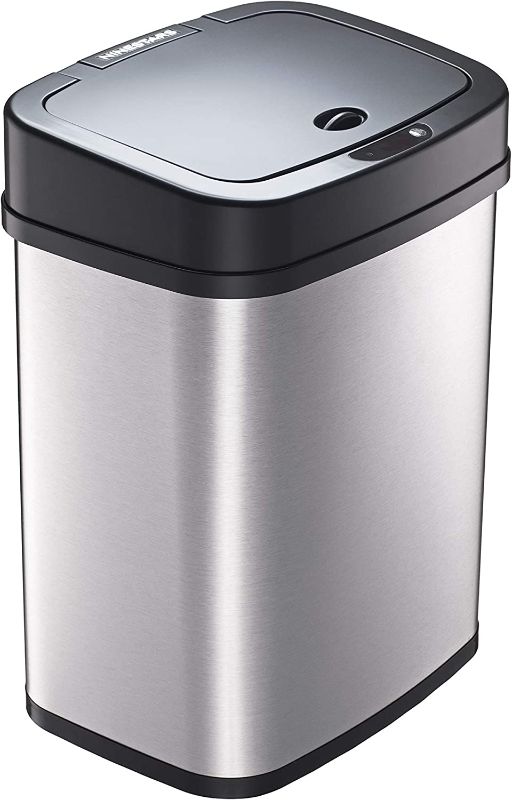 Photo 1 of Ninestars DZT- Bedroom or Bathroom Automatic Touchless Infrared Motion Sensor Trash Can, 3 Gal, Stainless Steel Base (Rectangular, Black Lid)
