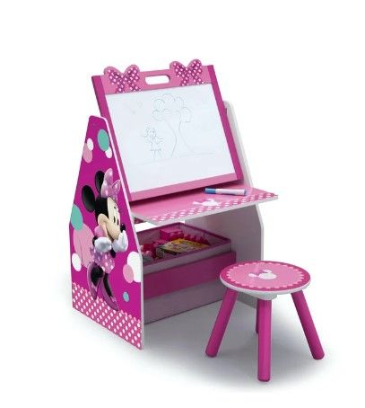 Photo 1 of Disney Minnie Mouse Deluxe Kids Art Table, Easel, Desk, Stool & Toy Organizer by Delta Children, Greenguard Gold Certified
