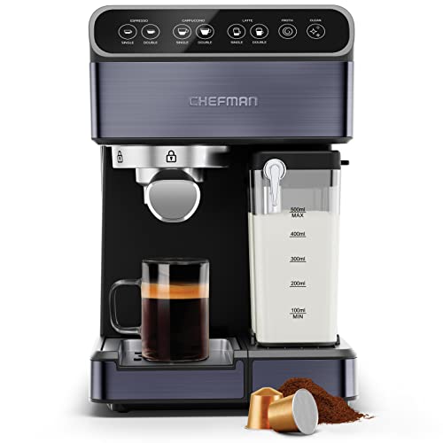 Photo 1 of Chefman 6-in-1 Espresso Machine, Powerful 20-Bar Pump, Nespresso® Capsule or Ground Coffee Compatible, Milk Reservoir & Frother for Cappuccinos & Lat
