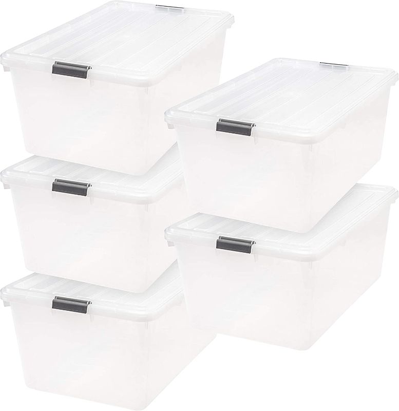 Photo 1 of IRIS USA 68 Quart Large Storage Bin Utility Tote Organizing Container Box with Buckle Down Lid for Clothes Storage, 5 Pack, Clear (585380)
