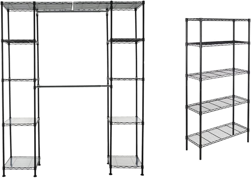 Photo 1 of AmazonBasics Expandable Metal Hanging Rack Wardrobe with Shelves, Black & 5-Shelf Adjustable, Heavy Duty Storage Shelving Unit (350 lbs per shelf),...
