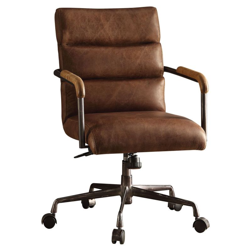 Photo 1 of Harith Collection 92414 Executive Office Chair with Swivel Seat Adjustable Height 5-Star Caster Base Wooden Armrest Metal Frame and Top Grain
