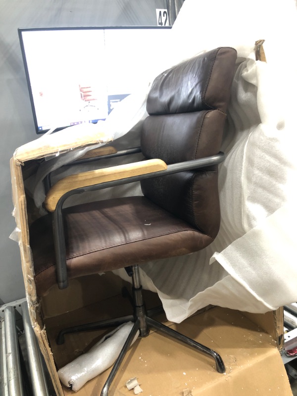 Photo 2 of Harith Collection 92414 Executive Office Chair with Swivel Seat Adjustable Height 5-Star Caster Base Wooden Armrest Metal Frame and Top Grain
