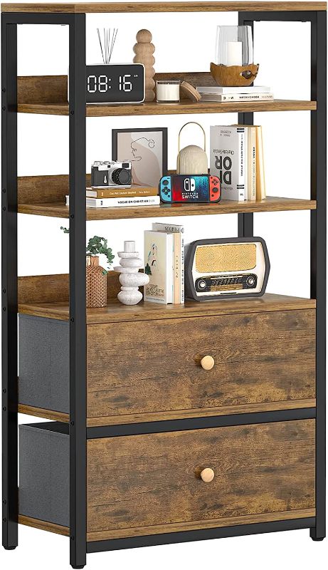 Photo 1 of 6 Tier Bookcase with 2 Fabric Drawers, Industrial Bookshelf Standing Storage Cabinet Organizer Dresser with Shelves for Living Room, Bedroom, Rustic Brown 