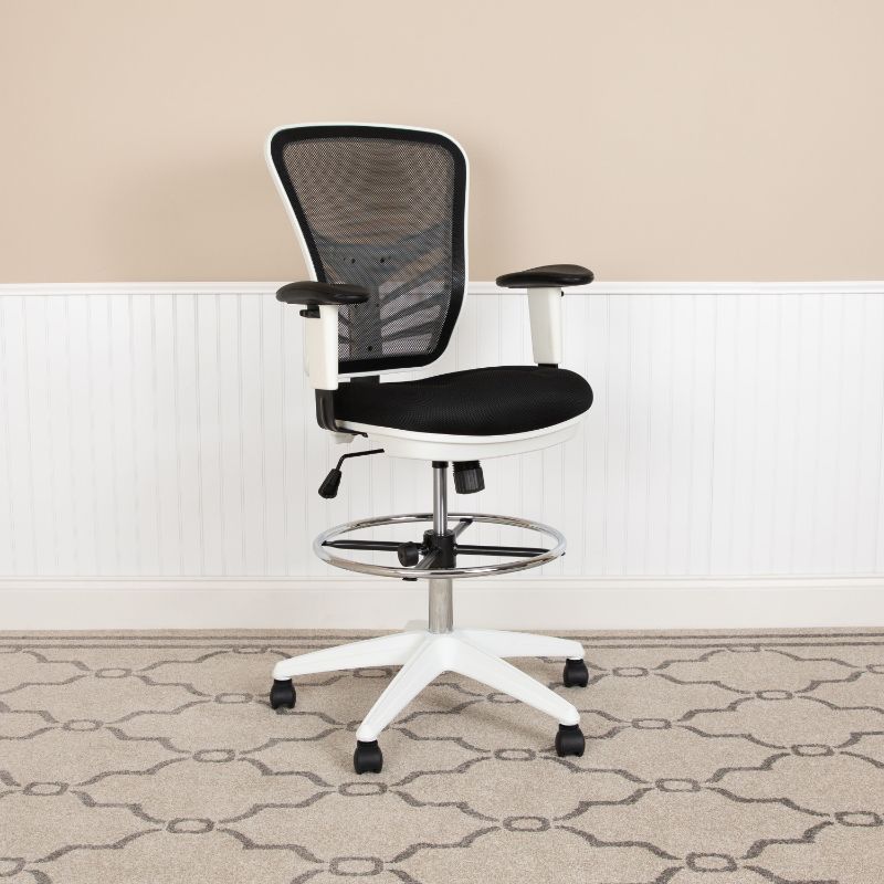 Photo 1 of HL-0001-1CWHITE-GG 25.5 in. Mid-Back Mesh Ergonomic Drafting Chair with Adjustable Chrome Foot Ring, Adjustable Arms & Frame, Black & White
