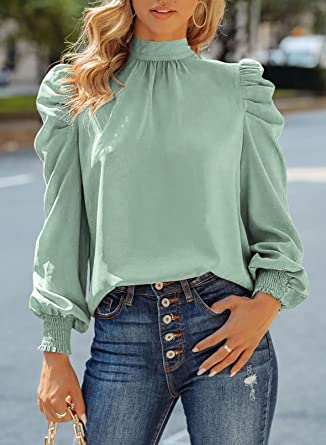 Photo 1 of Long Sleeve High Neck Puff Long Sleeve Casual Loose Shirts Tops and Blouses, x- large