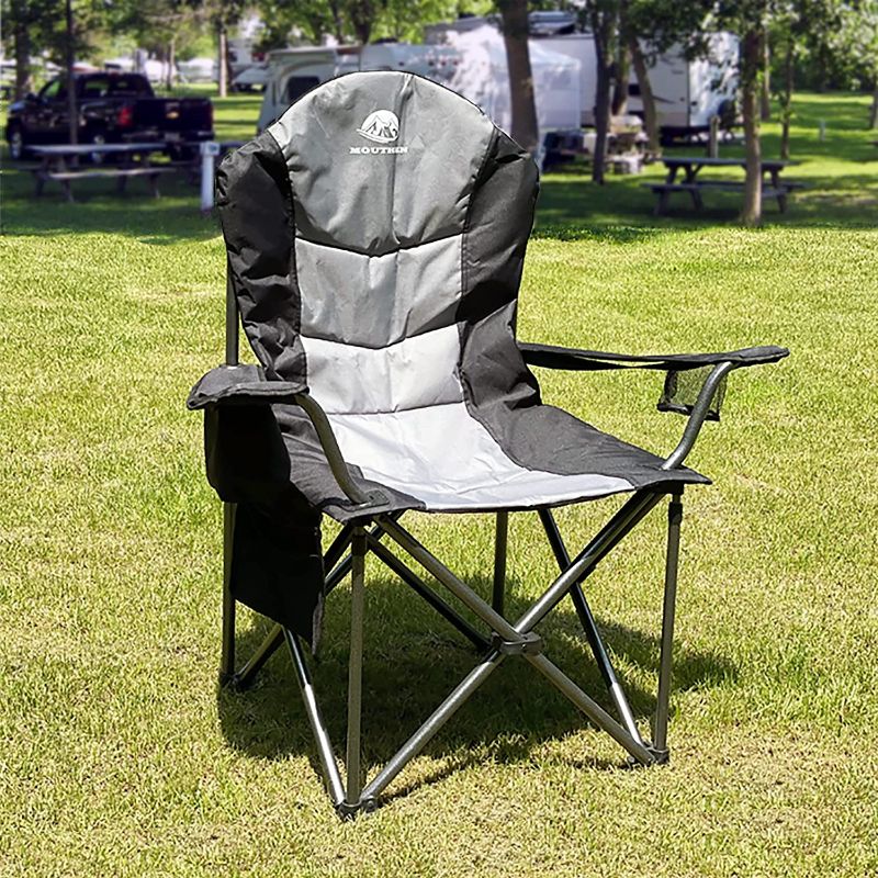 Photo 1 of  Camping Chair for Adults,Outdoor Folding Heavy Duty Lawn Chair, Oversized Padded Camp Chairs with Lumbar Back Support,Cooler Bag,Head & Side Pocket, Supports 450 LBS(Black & Grey)