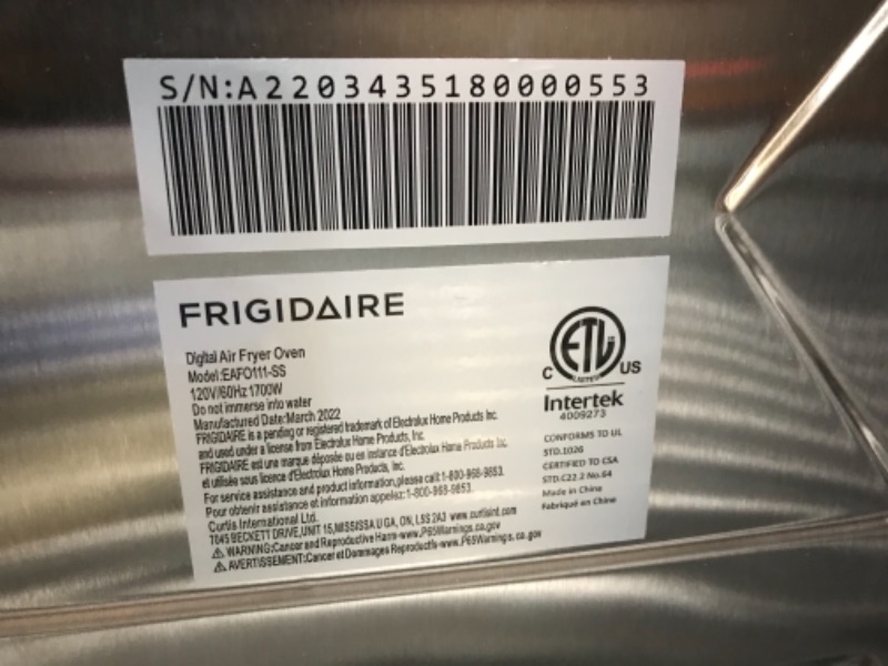 Photo 1 of Frigidaire EAFO111-SS Air Fryer Oven, Digital, 26 Quart 10-in-1 Countertop Toaster Oven & Air Fryer Combo - Grill, Rotisserie, Dehydrator, Pizza Oven, & More, Stainless Steel
