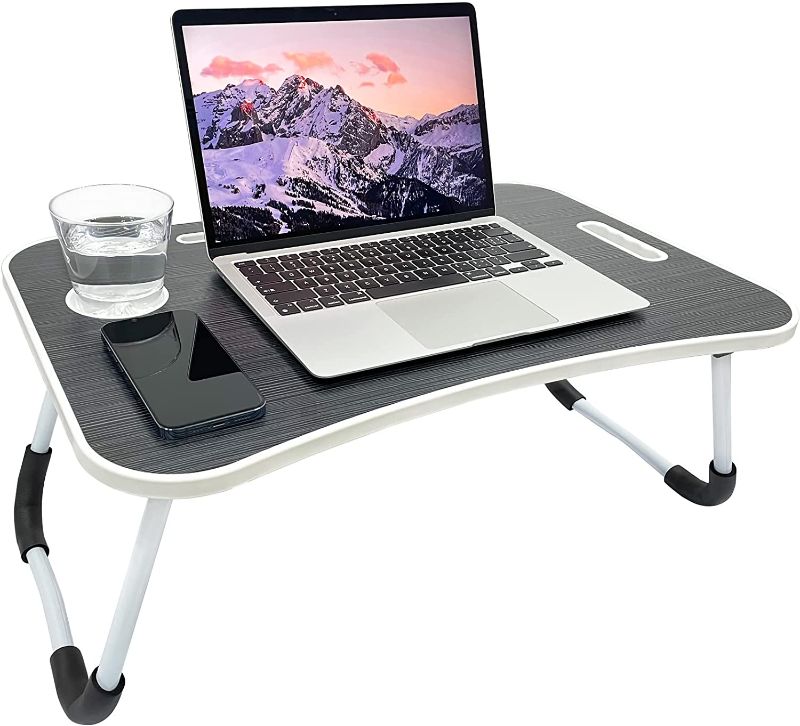 Photo 1 of Lap Desk for Laptop-Portable Bed Table Whit Built-in Cup Holder and Tablet Slot, Fits up to 15.6 inch Laptop, with Anti-Slip and Folding Function for Working, Eating, and Watching Movies, Dark Grey
