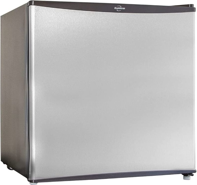 Photo 1 of Koolatron Stainless Steel Compact Fridge with Freezer, 1.6 Cubic Feet (44 L) Capacity for Snacks, Frozen Meals, Beverages, Juice, Beer, Den, Dorm, Office, Games Room, or RV
