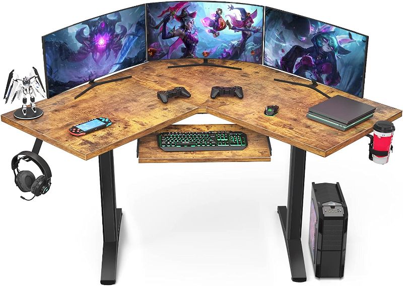 Photo 1 of Ecoprsio L Shaped Gaming Desk Corner Desk, Home Office Computer Desk with Keyboard Tray, Large PC Gaming Desk Gamer Workstation, Computer Gaming Desk Table with Cup Holder and Headphone, Rustic Brown
