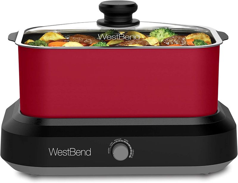 Photo 1 of West Bend 87905R Slow Cooker Large Capacity Non-stick Variable Temperature Control Includes Travel Lid and Thermal Carrying Case, 5-Quart, Red
