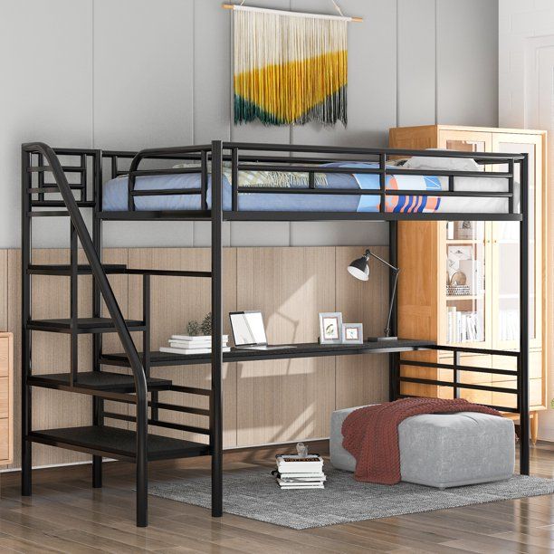 Photo 1 of **MINOR DAMAGE* INCOMPETE SET BOX 2 OUT OF 2** * WEIKABU Metal Loft Bed Frame with Desk, with Ladder, Full-Length Guardrails, and Secured Metal Slats, No Box Spring Needed, Twin, Black
