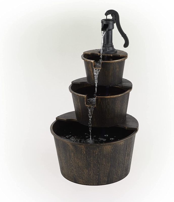 Photo 1 of Alpine Corporation TEC234BR Barrel Waterfall Fountain, 22" L x 25" W x 40" H, Brown
