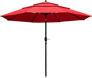 Photo 1 of 11 ft 3 Tiers Patio Umbrella Outdoor Patio Table Umbrella with Heavy Duty 600D 250/Gsm Solution-Dyed Fabric Top, Push Button Tilt and Crank