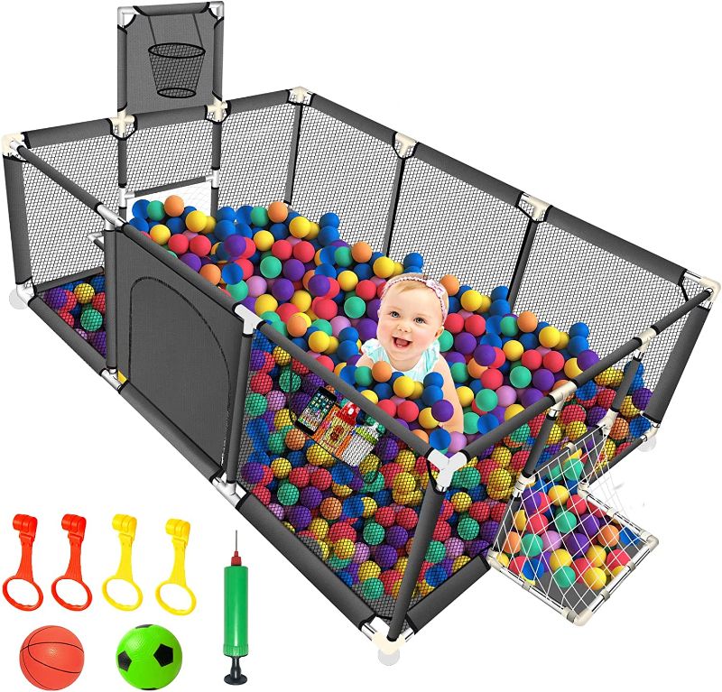 Photo 1 of Baby Ball Pit for Toddlers - Large Gate Playpen for Babies, Sturdy Play Yard W/ Basketball Hoop, Indoor & Outdoor Kids Activity Center Children's Fence with Breathable Mesh,Grey (No Ocean Balls)
