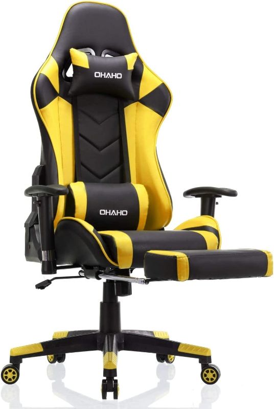 Photo 1 of OHAHO Gaming Chair Racing Style Office Chair Adjustable Massage Lumbar Cushion Swivel Rocker Recliner Leather High Back Ergonomic Computer Desk Chair with Retractable Arms and Footrest (Black/Yellow)
