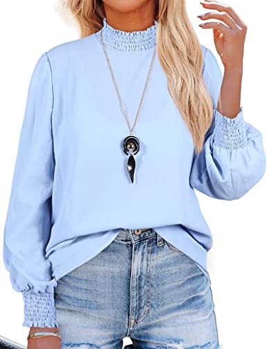 Photo 1 of Women's Puff Sleeve Ruffle Mock Neck Casual Loose Back Zip Up Chiffon Blouse Work Shirts Tops, Light Blue, Large 
