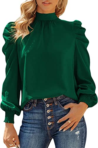 Photo 1 of Women's Puff Sleeve Ruffle Mock Neck Casual Loose Back Zip Up Chiffon Blouse Work Shirts Tops, Teal , Medium 
