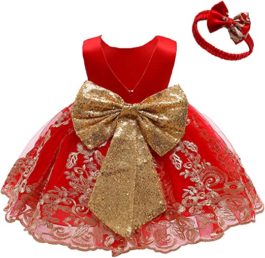 Photo 1 of AIMJCHLD 0-6T Baby Girls Easter Big Bowknot Dresses Christmas Ball Gown Party Pageant Dress, Red, 6-12months